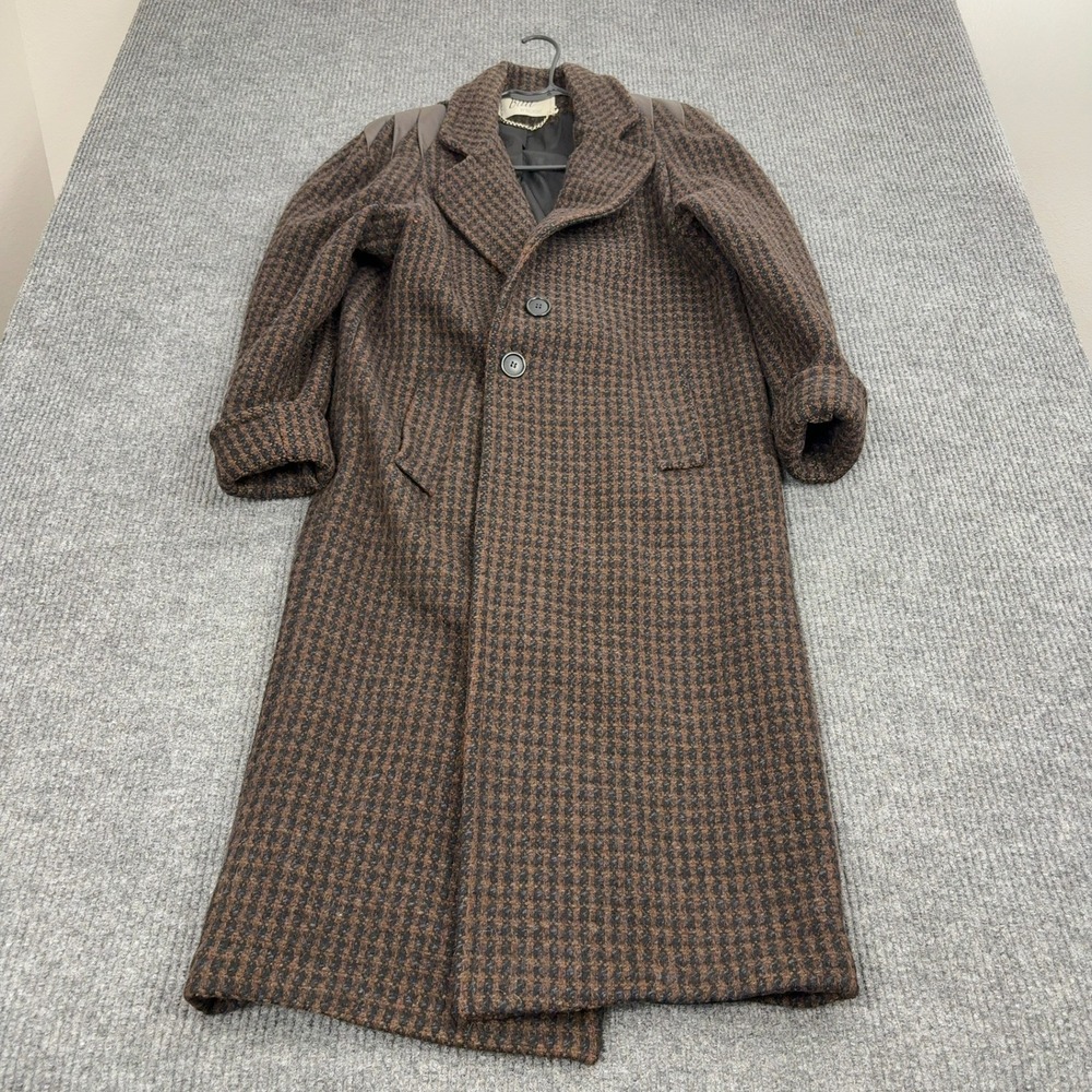 Vintage Billycoat Coat Womens Brown Wool Blend Houndstooth Leather Trim Classic